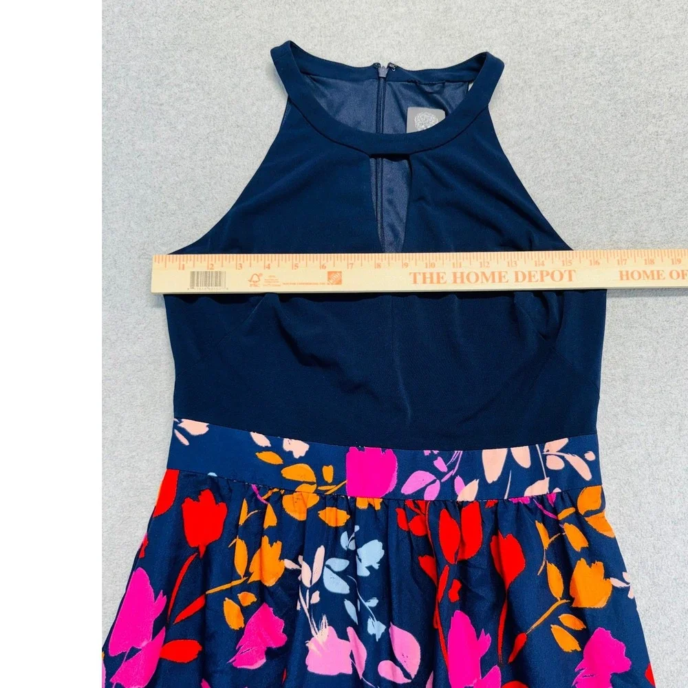 Vince Camuto Maxi Dress Womens 8 Navy Blue Floral‎ Halter Neck Keyhole Summer